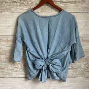 Express Denim Tencel Ruffle Short Sleeve Tie Back Bow Shirt Size Small
